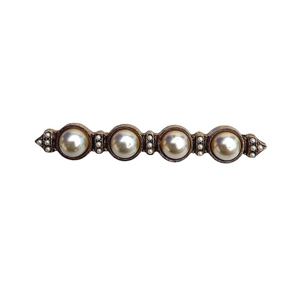Faux Pearl Studded Bar Brooch Pin Gold Tone Elegant Classic Modern Regency